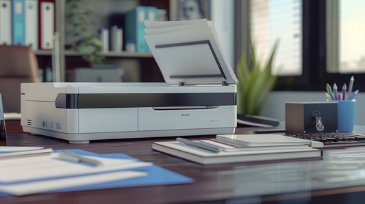 Fall 2025 office desk with compact printer, stacked documents, and organized stationery in a modern workspace