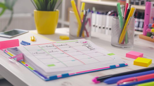 Fall 2025 office desk with an open planner, colorful highlighters, pens, and sticky notes for organized task management