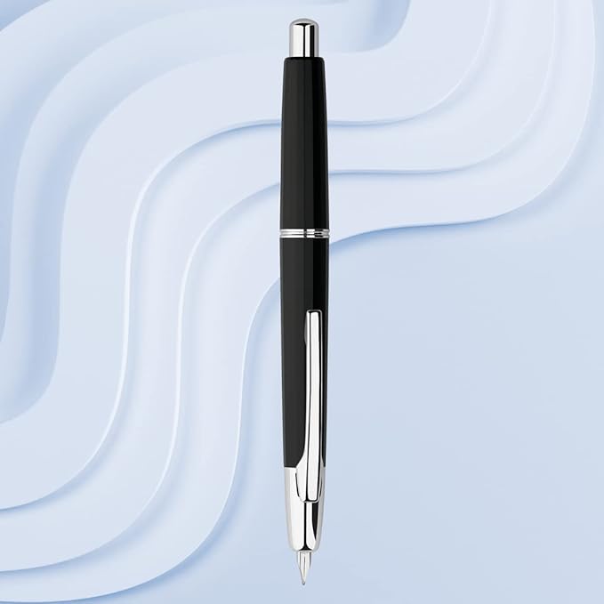 Majohn A2 Press Fountain Pen Extra Fine Nib with Box, Retractable Black Resin Ink Pen with Converter Writing Pen Set (Silver Clip Version)