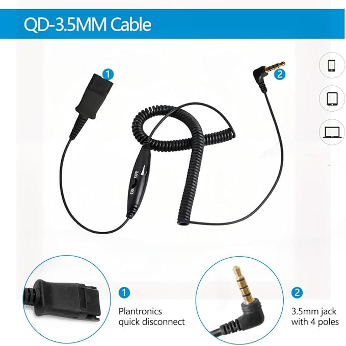 QD Headset with 3.5mm Jack&USB-C Adapter for PC,Cellphone,Tablet, 2.5mm Jack Compatible with Panasonic-Cisco-AT&T-Polycom-Grandstream IP Phones, etc., with Mute, Volume Control (Mono)
