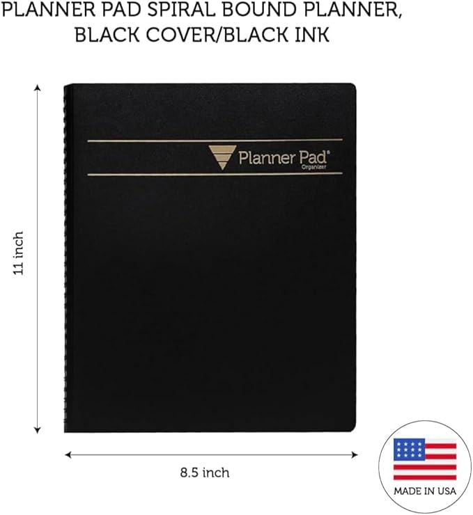 Planner Pad Spiral Bound October 2024 – September 2025 8 1/2" x 11" Large 3-Tier Funnel Down 12 Month Organizer, Black Cover/Black Ink