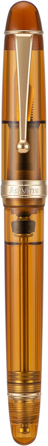 Asvine V126 Vacuum Filling Fountain Pen Medium Nib, Transparent Brown Acrylic, Large-Capacity with Gift Case