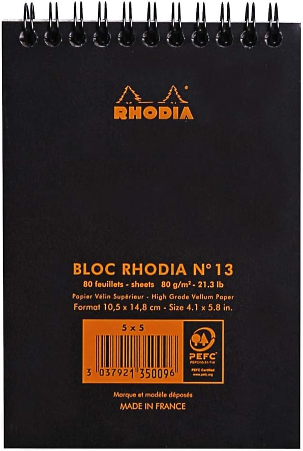 Rhodia Wirebound Notepad, A6, Square ruling - Black