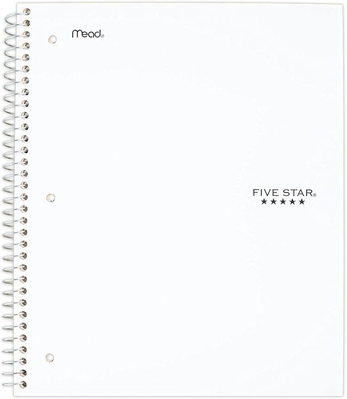 Five Star Spiral Notebook, 1 Subject, Wide Ruled Paper, 10-1/2" x 8", 100 Sheets, Assorted Colors, Color Will Vary, Office Product , 1 Count (05200)