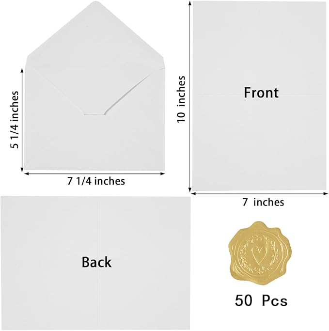 50 Pack White A7 Envelopes with Cards 5x7 Thick Folded Cardstock and Gold Stickers for Greeting Cards, Wedding, Birthday, Invitations, Baby Showers (White, 5x7)