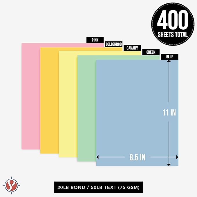 Pastel Color Paper, 8.5 x 11" Multi-Color Bulk Paper for Spring & Easter Greetings, Art & Crafts, Invitations | Regular 20lb Bond | 80 Blue, 80 Pink, 80 Green, 80 Canary, 80 Goldenrod (400 Total)…