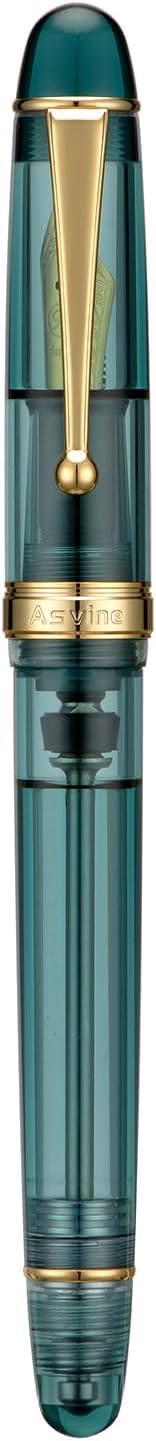 Asvine V126 Vacuum Filling Fountain Pen Gold Plated Fine Point, Transparent Teal Acrylic Pen Gift Case