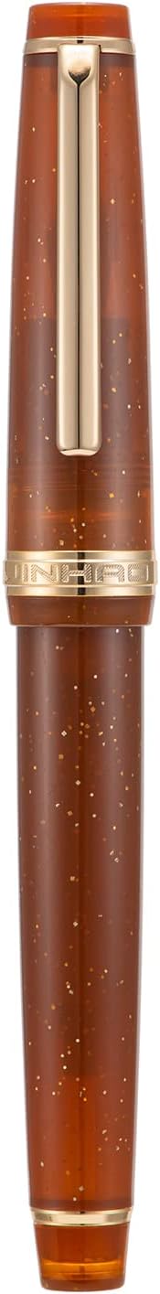 Jinhao 82 Acrylic Fountain Pen, Iridium Bent Nib with Ink Converter, Transparent Coffee Fluorescent Classic Design Calligraphy Pen (Gold Trim)