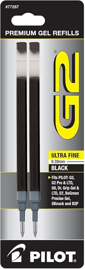 Pilot G2 Gel Ink Pen Refills, Ultra Fine Point, 0.38mm, Black Ink, 6 Refills