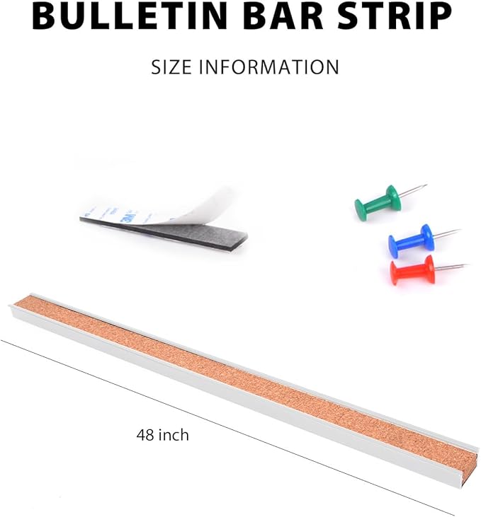 Corksidol Bulletin Bar Strip, Cork Board, Cork Strips, 48" x 1", Classroom, Office, Walls, Cubicle, Aluminum Frame,Include Pins and Adhesive Strip, 1 Pack, (Silver)