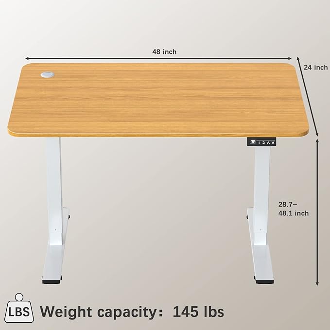 Furmax Electric Height Adjustable Standing Desk Large 48 x 24 Inches Sit Stand up Desk Home Office Computer Desk Memory Preset with T-Shaped Metal Bracket, Wood