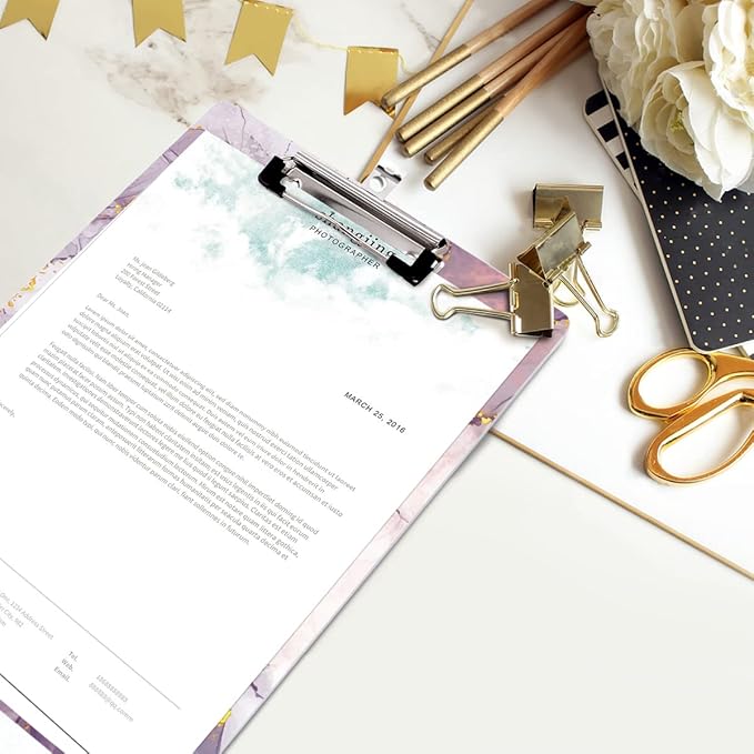 WAVEYU Cute Hardboard Office Clipboard, Clipboard with Low Profile Clip Designed for Students Classroom School and Office Use, Purple Marble(12.5"x9")