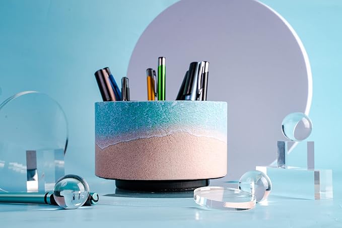 Hennaja Round Leather Art Supply Organizer,Remote Control Holder,360 Degree Rotating,Multi-Functional Pencil Holder,4 Compartments Desktop Stationary Organizer(1-Sandbeach)