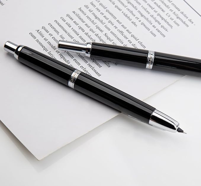 JINHAO 10 Press Fountain Pen, Retractable Metal Pen with Ink Converter (EF Nib 0.38mm, Bright Black)
