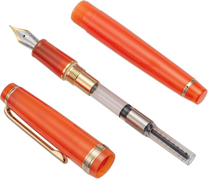 Jinhao 82 Acrylic Fountain Pen, Iridium Extra Fine Nib with Ink Converter, Transparent Light Red Classic Design Smooth Writing Pen (Gold Trim)