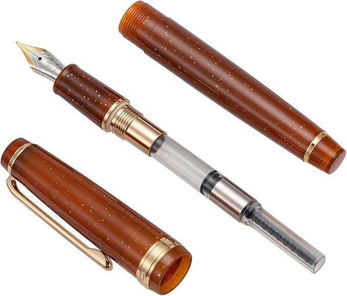 Jinhao 82 Acrylic Fountain Pen, Iridium Bent Nib with Ink Converter, Transparent Coffee Fluorescent Classic Design Calligraphy Pen (Gold Trim)