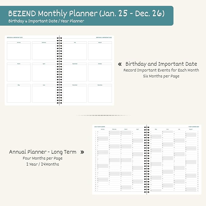 BEZEND 2 Year Monthly Planner 2025-2026 Medium Size 7" x 9" (Jan 2025 - Dec 2026) Spiral Calendar Book with Tabs, 120 GSM Thick Paper, Storage Pockets & Notes, PU Leather Softcover in Orange