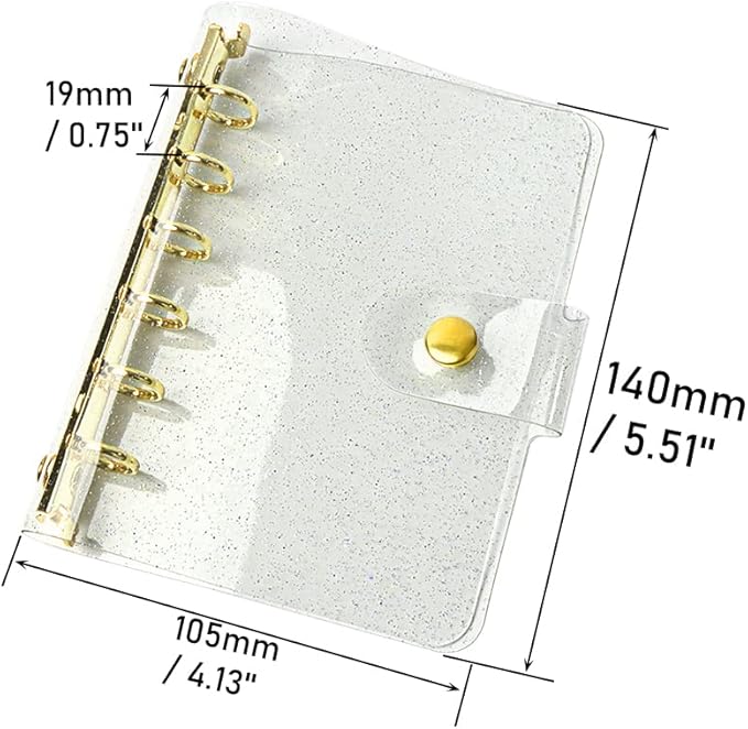Glitter Powder PVC Binder Cover 6 Round Ring Binders Snap Button Closure Loose Leaf Folders Refillable Soft PVC Notebook Shell Protector (Gold 6 Rings, A7 Binder)
