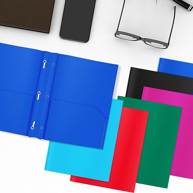 ViVin Sturdy Plastic Folders with Pockets, Two Pockets Folder with 3 Prongs, fits 9 * 12 Letter Size Paper, for School Home Office (Assorted Color)