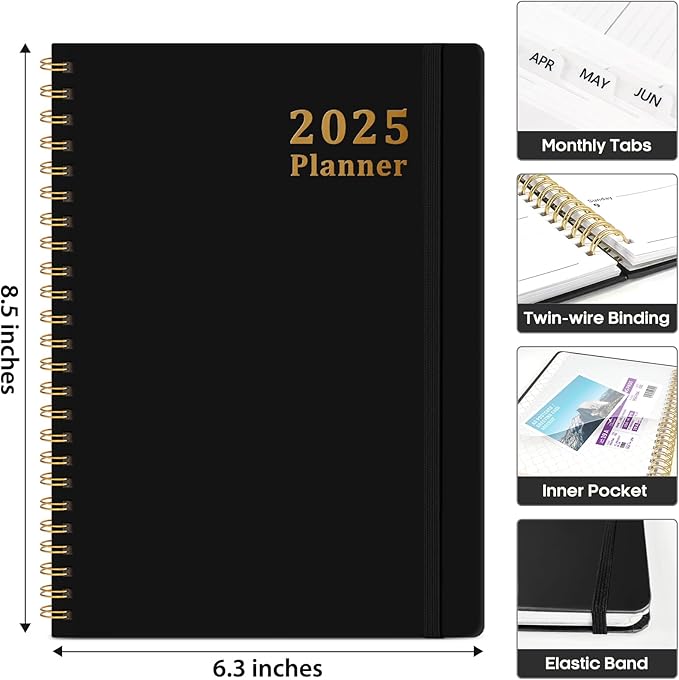 2025 Planner - Weekly and Monthly Planner Spiral Bound, January 2025 - December 2025, Hardcover 2025 Calendar Planner Book with Tabs, Inner Pocket, Perfect for Office Home School Supplies - A5 (6.3" x 8.5"), Black