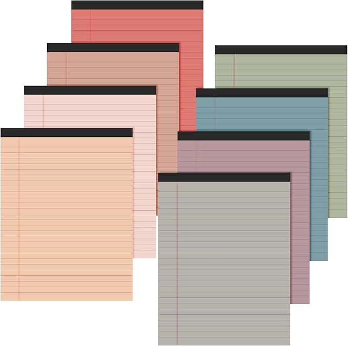 Fuutreo 8 Pcs 8.5'' x 11'' Colored Legal Pad Writing Pads Wide Ruled 50 Sheets Per Notepad Perforated Writing Notepad Office Supplies for School College Office Business (Retro Colors)