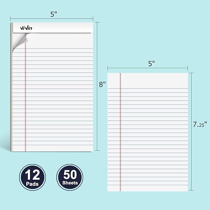 ViVin 5 x 8 Inch Note Pads, 12 Pack, Narrow Ruled, 50 Sheets Per Writing Pad, Perforated, Legal Pads Ideal for Home, Office, Business, 600 Sheets (12 Pack of 50),White Paper