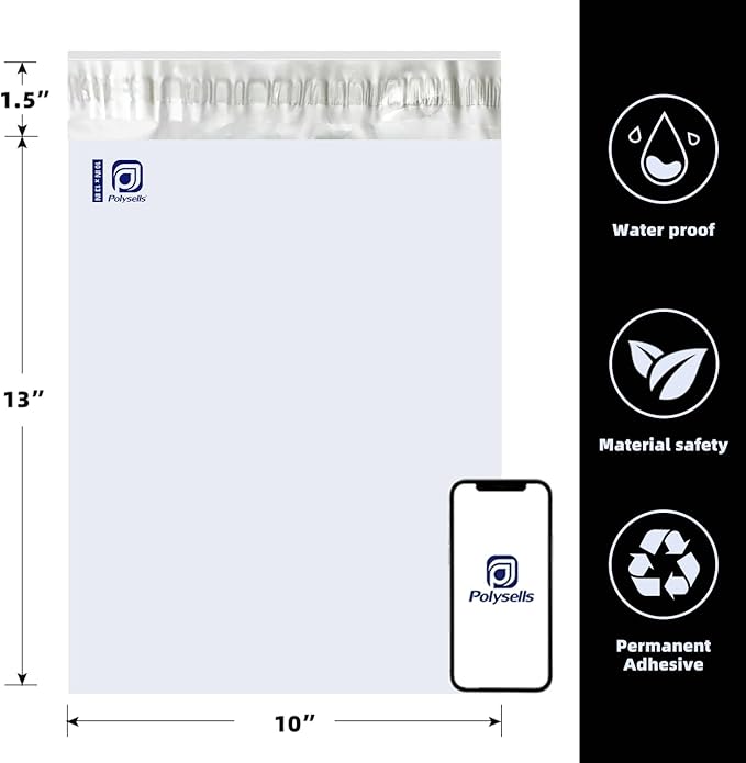POLYSELLS 1000 pcs 10x13 Inches White x Silver Poly Mailers Shipping Envelopes, Strong Adhesive Sealing, Waterproof, and Tear-resistant Postal Mailing Bags for Clothing, Books, and Accessories
