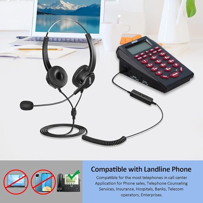 AGPTEK Hands-Free Call Center Noise Cancelling Corded Binaural Headset Headphone with 4-Pin RJ9 Crystal Head and Mic Microphone for Desk Phone - Telephone Counselling Services, Insurance, Hospitals