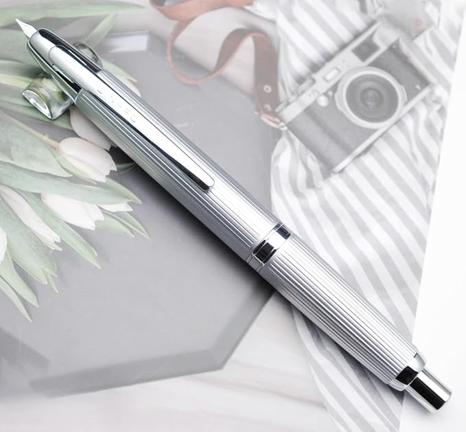 JINHAO 10 Press Fountain Pen, Retractable Metal Pen with Ink Converter (F Nib 0.5mm, Striated Silver)