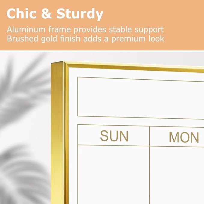 Calendar Whiteboard for Wall - 24'' x 18'' Magnetic Monthly Dry Erase Calendar with Cork Board - Gold Aluminum Frame