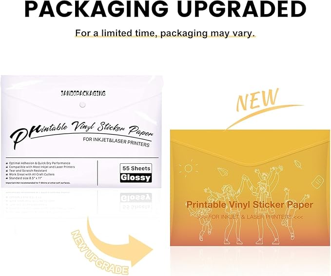 JANDJPACKAGING Printable Vinyl for Inkjet & Laser Printer - 30 Pack Printable Vinyl Sticker Paper Glossy White - Standard Letter Size 8.5"x11"