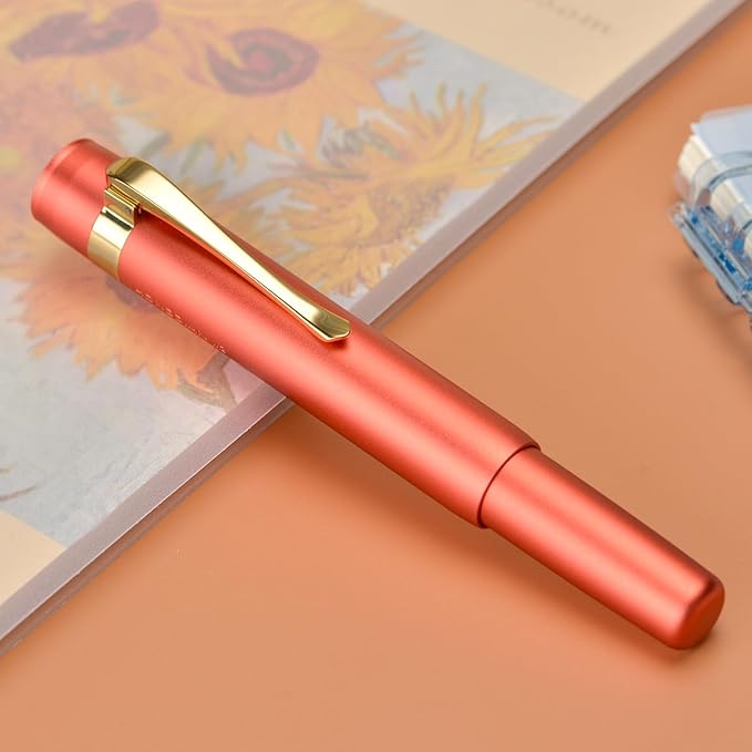 Hongdian M2 Black Forest Mini Fountain Pen, Medium Soft Golden Nib & Sleek Shape Aluminium Short Pocket Travel Pen (Orange Red)
