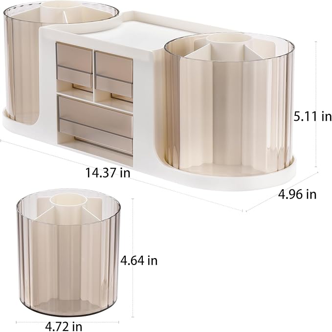 Rotating Desk Organizer with 2 Pen Holder, Desk Organizers and Accessories with 10 Slots Pencil Holder for Desk + 3 Drawer, Art Supply Storage Box Caddy for Office School Home (Light Grey)