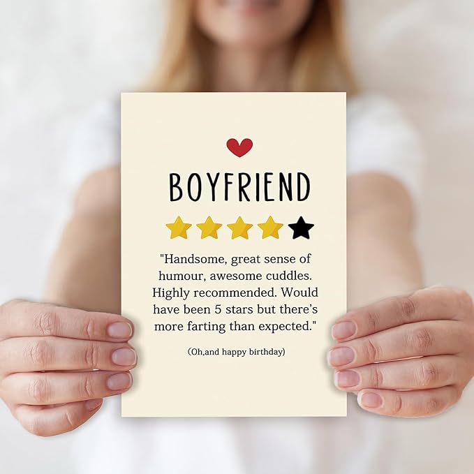 Funny Birthday Card for Boyfriend,Happy Birthday Cards Gifts for Men Him,Humorous 4-Star Review Bday Gift Card for Boyfriend,Romantic Birthday Gifts for Boyfriend from Girlfriend