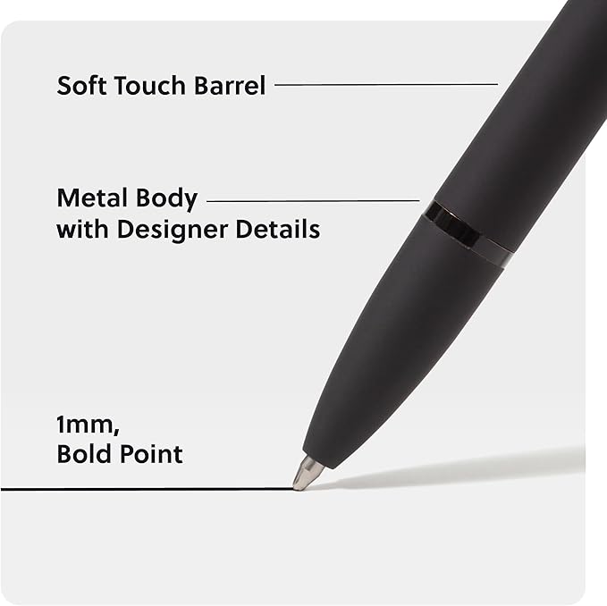 U Brands Midnight Monterey Ballpoint Pens, Set of 12, Black Soft Touch, Painted Black Details, Bold (1.0 mm) Point, Black Ink