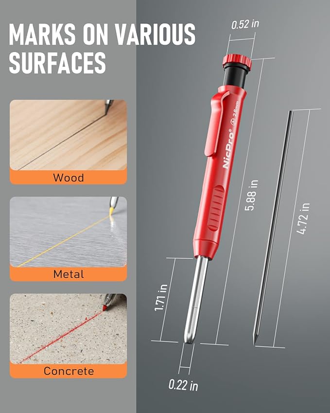 Nicpro 10 Pack Carpenter Pencils Mechanical, Construction Pencils with 21 Refill, Automatic Center Punch and Carbide Scribe Tool, Mechanical Pencil for Woodworking, Best Carpenters Marking Tool