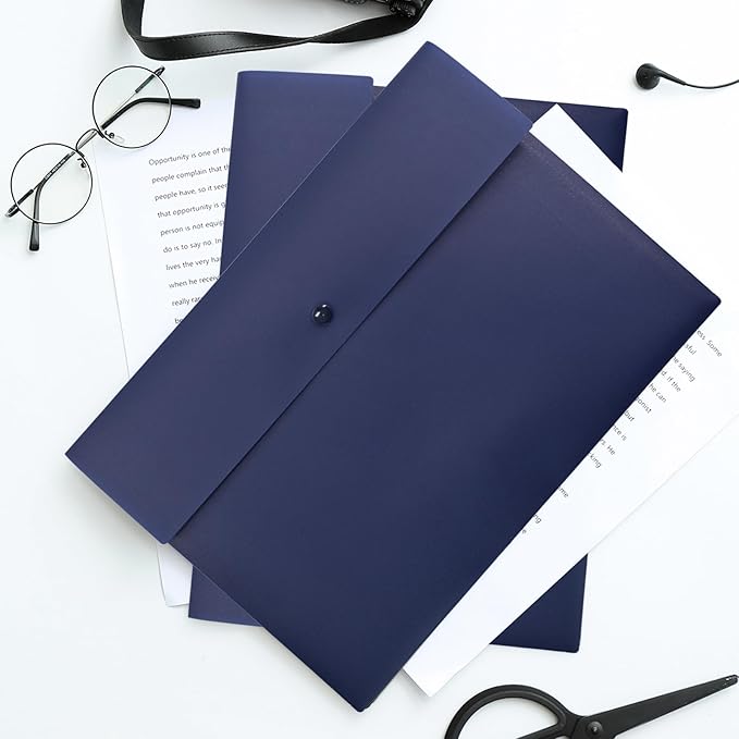 VANRA Poly File Folder Pockets File Jacket Plastic Envelope Flat Document Letter Organizer with Snap Button Closure A4 Letter Size (Pack of 5, Navy Blue)