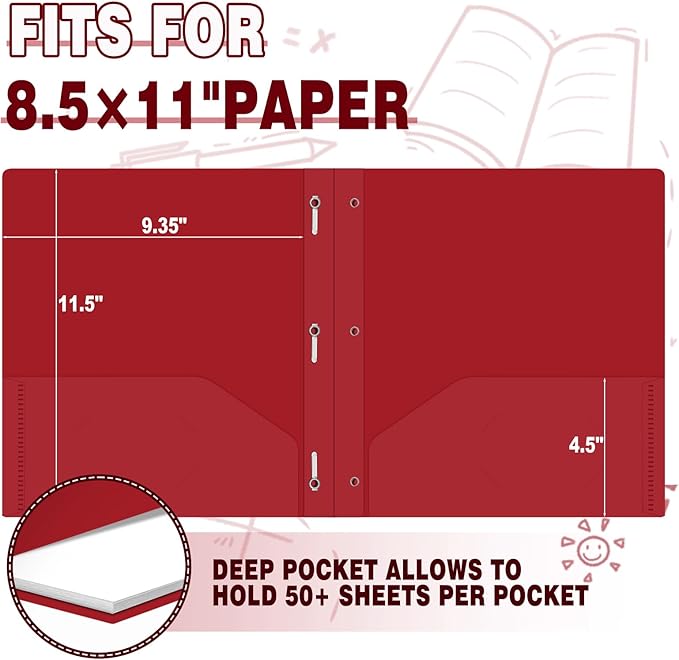 30 Pack Two Pocket Folders Business Card Holder Plastic Folders with Prongs for School Office Filing Cabinet Resume Portfolio (Red)
