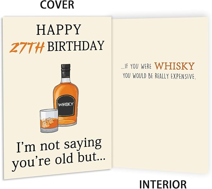 Funny 27th Birthday Card for Her Him, Happy 27th Birthday Decorations for Men Women, Unique 27th Birthday Gifts for Son Daughter, Whiskey 27 year old Bday Gift Ideas