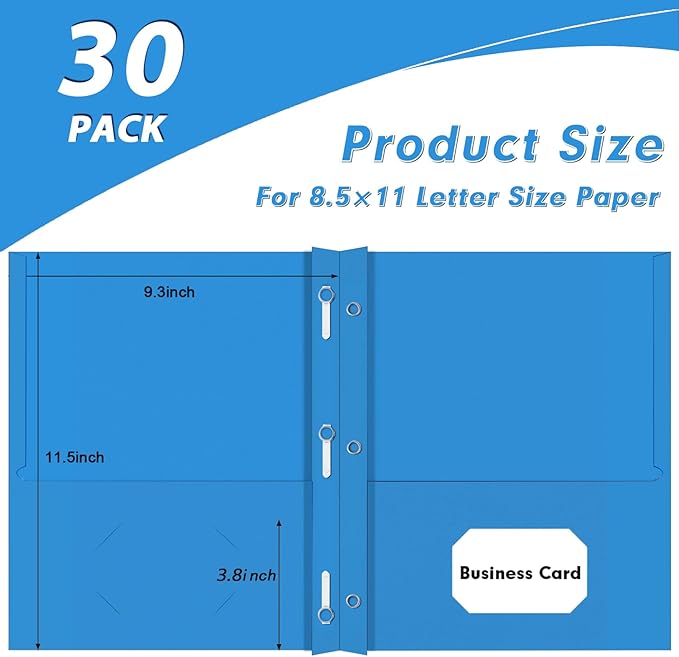 Two Pocket Folders, PANDRI 30 Pack Two Pocket Folders with Prongs, 3 Prong Folders Designed for Office and Classroom, Letter Size Lightblue