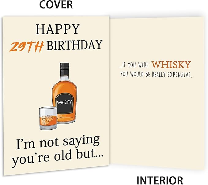 Funny 29th Birthday Card for Her Him, Happy 29th Birthday Decorations for Men Women, Unique 29th Birthday Gifts for Son Daughter, Whiskey 29 year old Bday Gift Ideas