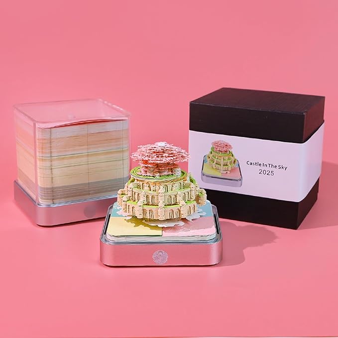 Time Piece Calendar,3D Art Calendar Memo Pad 2025 Creative Desk Calendar with Light,Castle in Sky Tear Away Paper Carving 3D Memo Pad Art Notepad Christmas Gift