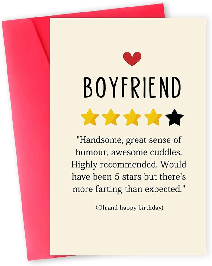 Funny Birthday Card for Boyfriend,Happy Birthday Cards Gifts for Men Him,Humorous 4-Star Review Bday Gift Card for Boyfriend,Romantic Birthday Gifts for Boyfriend from Girlfriend