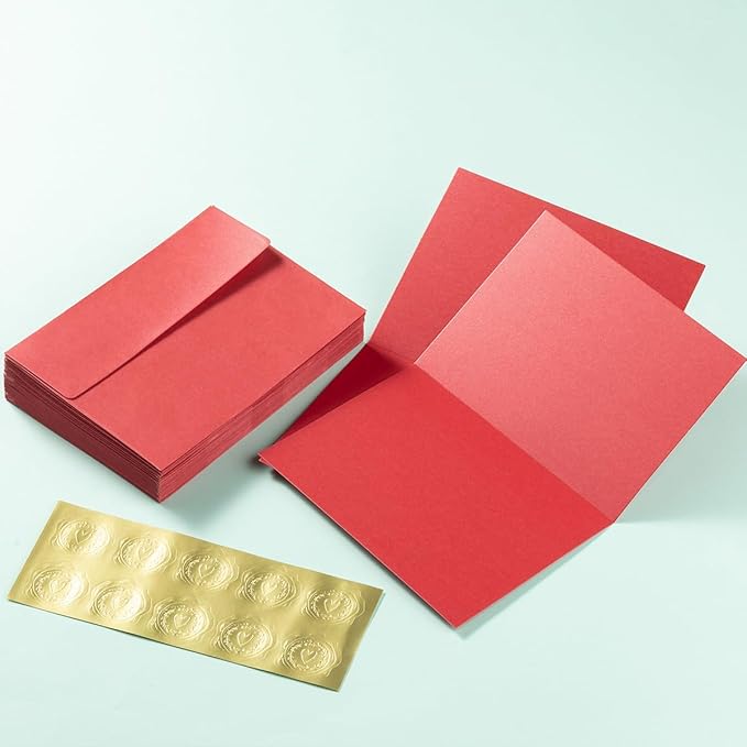 Wishop 50 Pack Shiny Self-Adhesive Envelopes with Shiny Fold Cards for Wedding Invitations, Greeting Cards, Baby Shower, Letter Mailing (Red, 4x6)