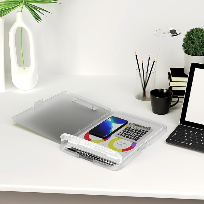 Piasoenc Clipboard with Storage, 8.5 x 11 Organization Box with Pen Holder and A4 Legal Paper Folder, Heavy Duty Plastic, Folio & Side-Opening, Low Profile Clip, for Nurses,Teachers, Translucent
