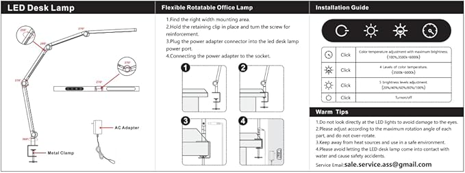 LED Desk Lamp with Clamp,Adjustable Swing Arm Desk Lamps for Home Office,24W Super Bright Auto Dimming Desk Lamp 3500-6000 Dimmable Temperature Control LED Desk Lamp