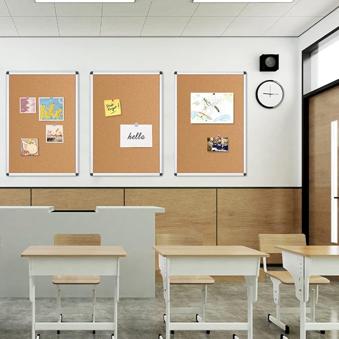 VIZ-PRO Cork Notice Board, 24 X 18 Inches, 3 Pack, Silver Aluminium Frame