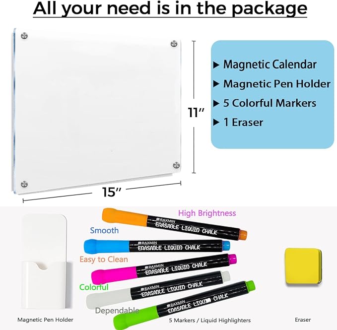 Acrylic Note Board Refrigerator Dry Erase Board Magnetic Clear 15βx11 Includes 4 Dry Erase Markers