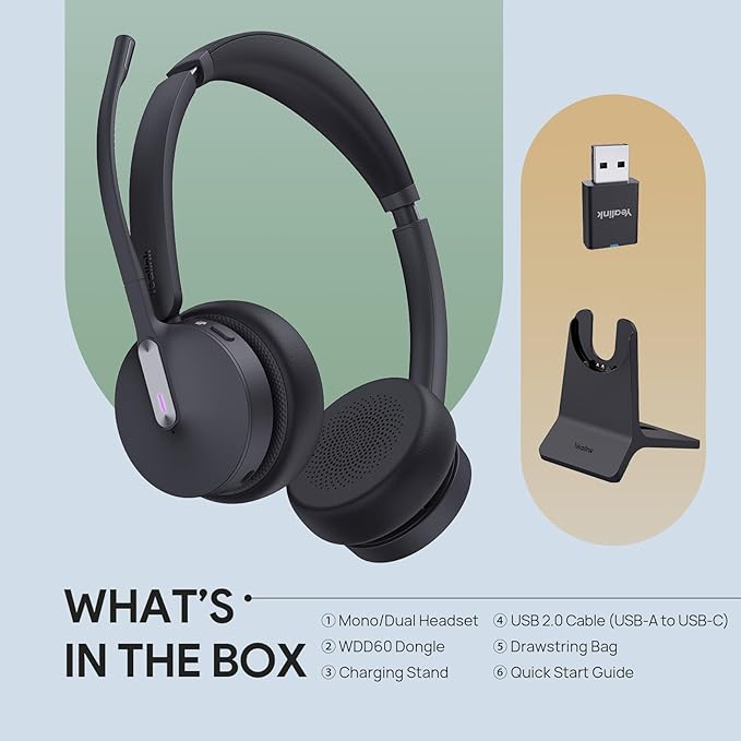 Yealink WH64 Hybrid with DECT Dongle & Charging Stand, 492ft Range,26 Talk Time Bluetooth Headset for Teams, Zoom Skype UC Certified, Noise Cancelling Headset with 3X Mic, Work Headset for PC Phone