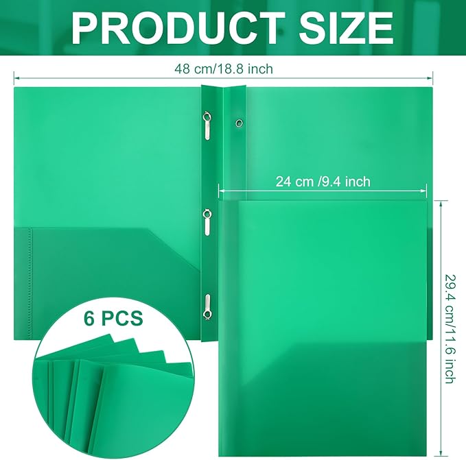 Cholemy 6 Pcs Plastic Pocket Folders with Prong 2 Heavy Duty Pockets Folders with 3 Prongs Letter Size Paper Folders Bulk File Plastic Folders with Fasteners for Office Workers (Green)